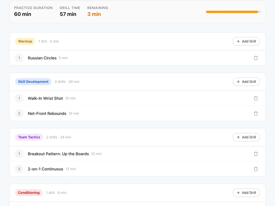 The practice builder: a timed list of drills with categories and durations.