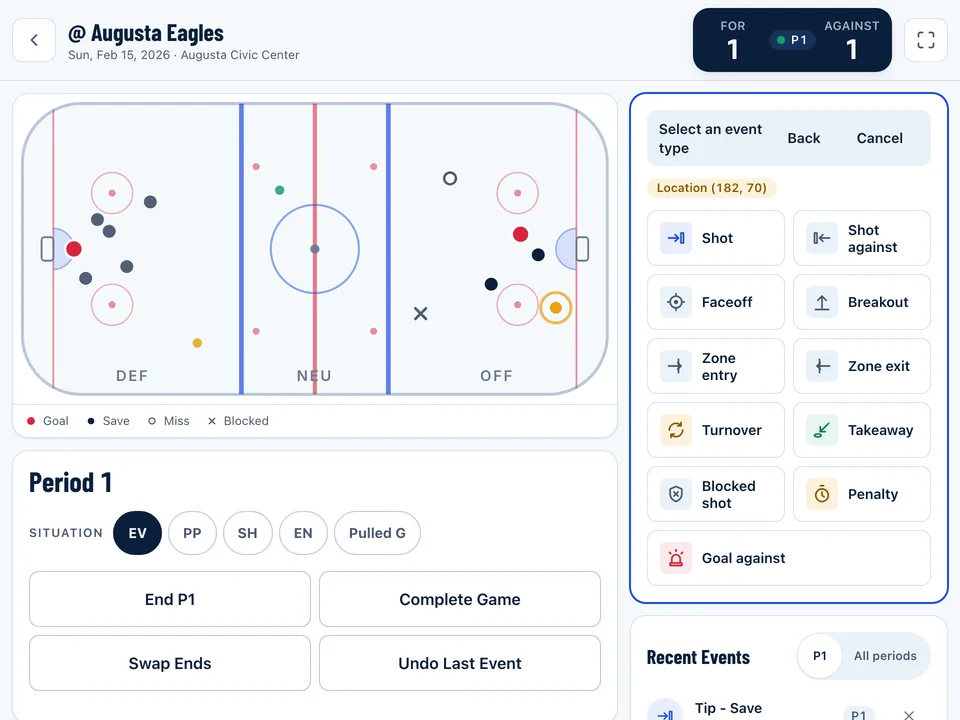 The tracking screen: a rink with every shot of the Portland game marked, the score and the event buttons.